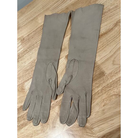 Vintage Dainty Long Leather Gloves Taupe Small JL - Picture 1 of 14